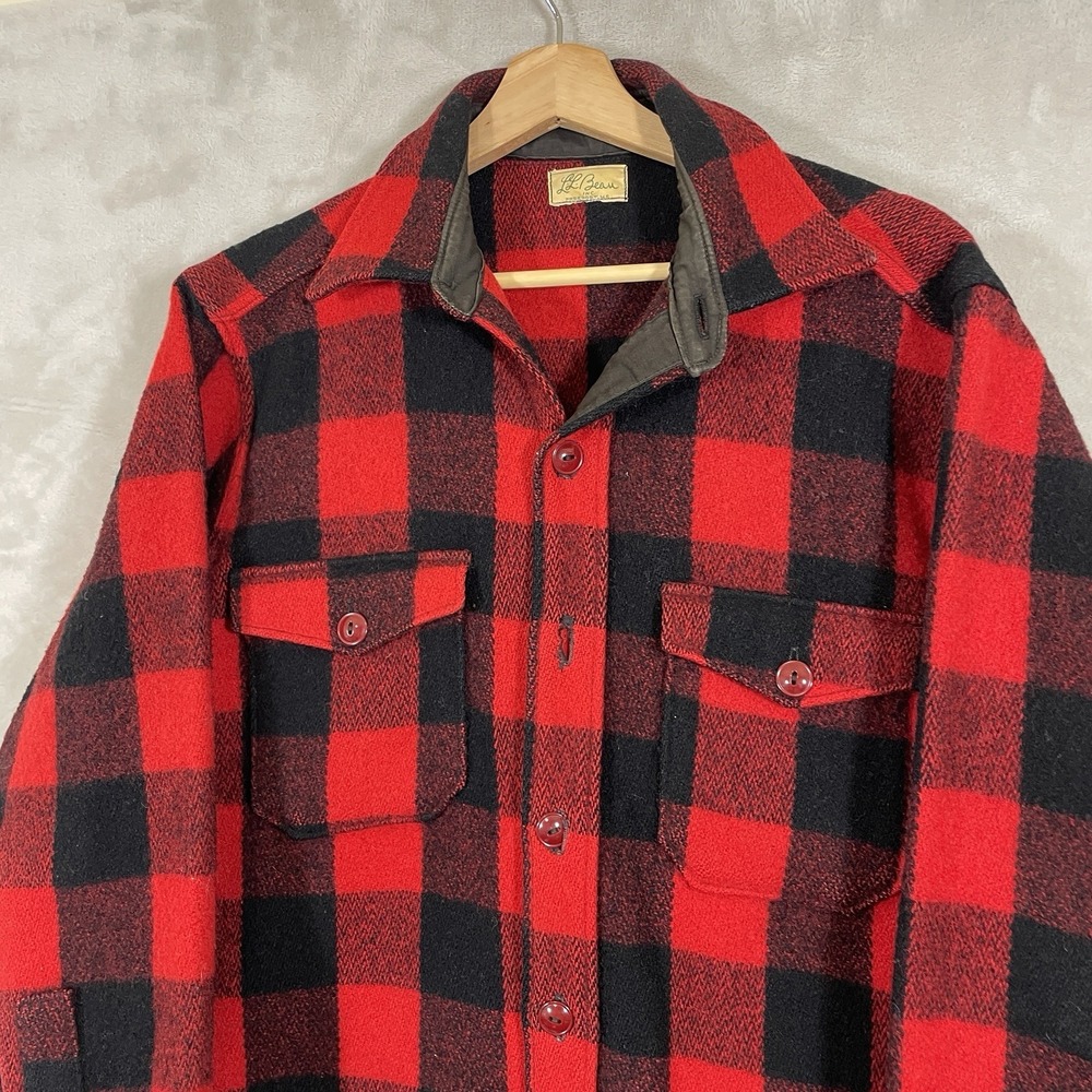 Vintage 40s 50s LL Bean Wool Shirt Mens Large CPO Buffalo Plaid Red Black Button